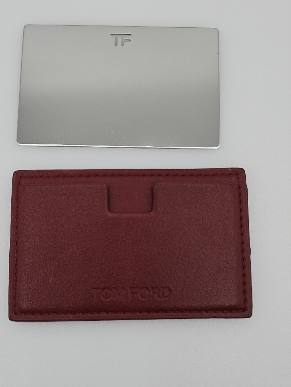 Tom Ford Silver Mirror Card with Burgundy Leather Card Sleeve